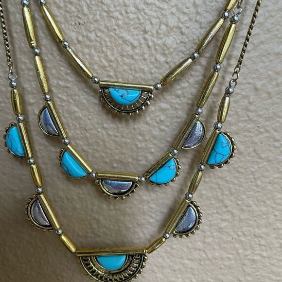 Gold Tone Turquoise Three Tiered Necklace - Picture 1 of 13